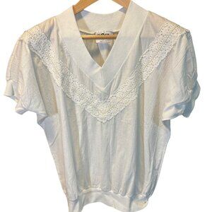 Vintage 90s Tiger White Lace Trim V Neck Top Sz L Banded Hem Sleeve Cuffs Beachy